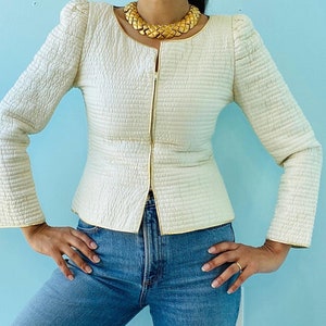 70&#39;s Mary McFadden Couture Silk Ivory Quilted Jacket Top
