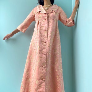 1950s Neiman Marcus Pink Silk Brocade Collard Button Down House Coat Dress