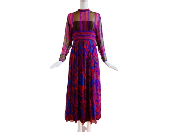 60s Mollie PARNIS Silk Paisley Chiffon Pleated Maxi Dress - Etsy