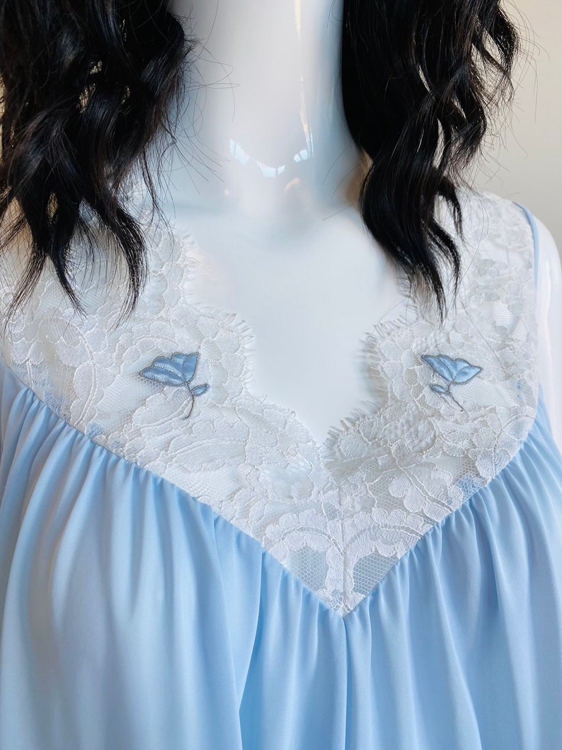 60s Lucie Ann Beverly Hills Claire Sandra Blue Nylon and Lace Sweeping Negligee image 1