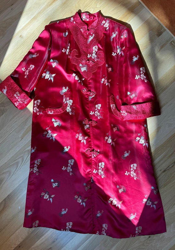 Antique 1940s Ruby Red Silk Chinoiserie Duster