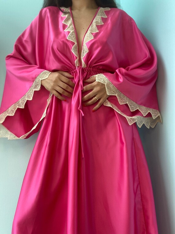 Zandra RHODES 70s Magenta Satin Lace Trimmed Maxi… - image 2