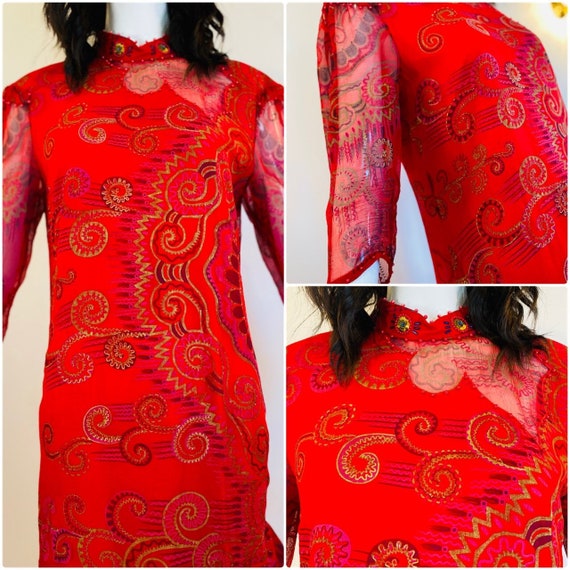 Vintage 80s Red Vibrant Zandra Rhodes Silk Tulle … - image 7