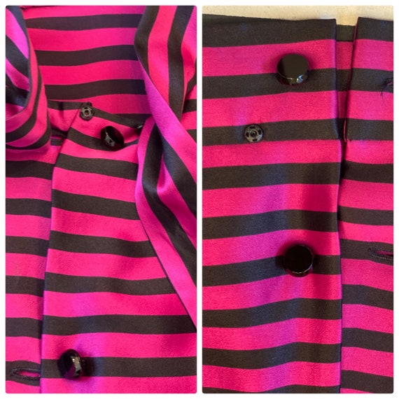 80s Magenta and Black Stripes Silk Pleated High S… - image 6