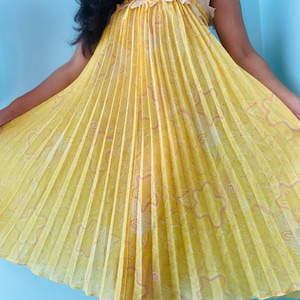 70s Zandra RHODES Yellow Pleated Lace Trimmed Tent Slip Dress