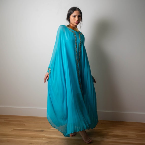 60s Georgie Keyloun Turquoise Blue Silk Chiffon E… - image 2