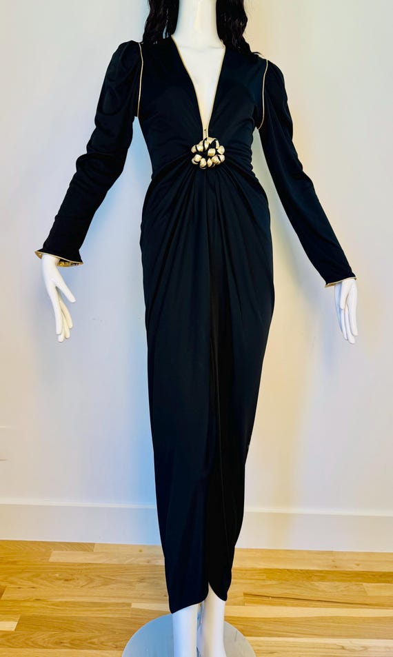 Disco Era Bill Tice Plunging Black and Gold Gown - image 2