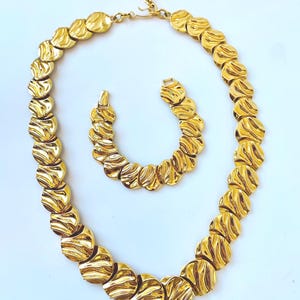 80s Signed Monet Gold Plated Chunky Long Linked Necklace and Bracelet Set