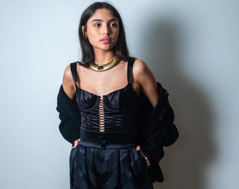 90s Natori Black Satin Boned Bustier 34B