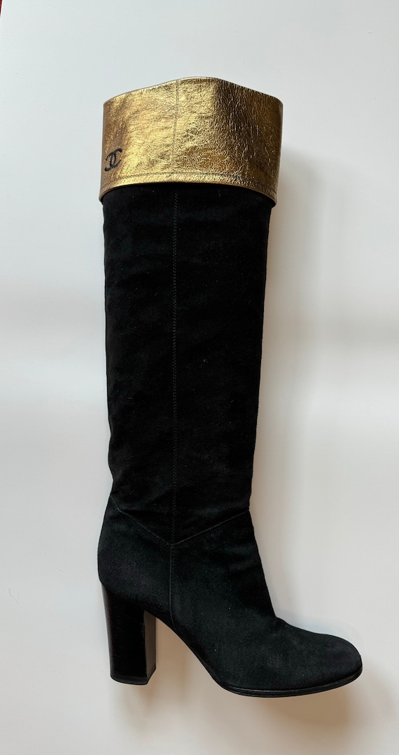 CHANEL Knee High Black Suede and Leather Logo Boo… - image 5