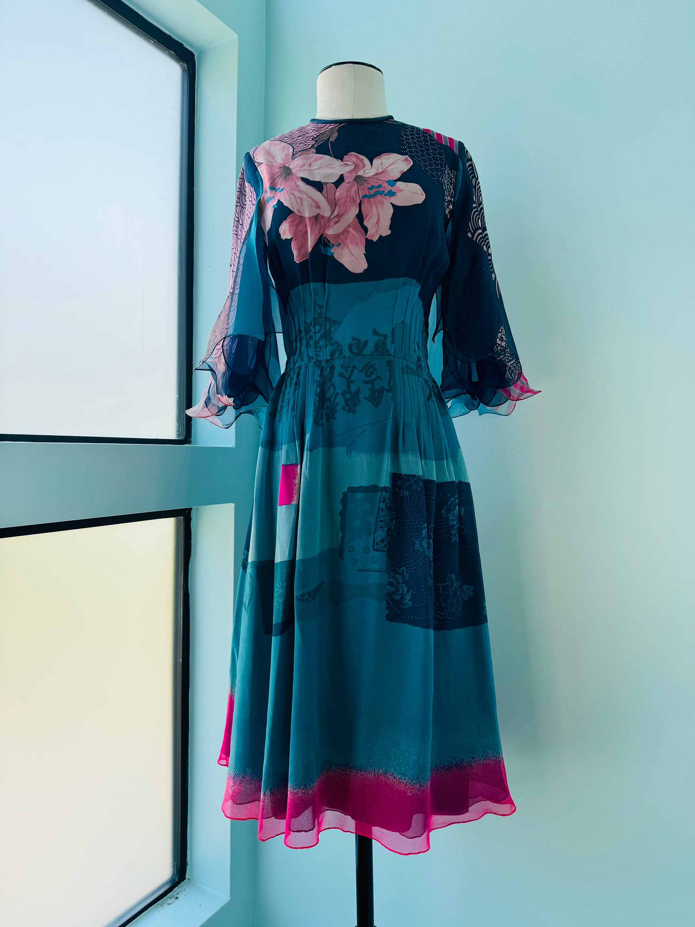 Stunning 70s Hanae Mori Couture Silk Chiffon Floral Print