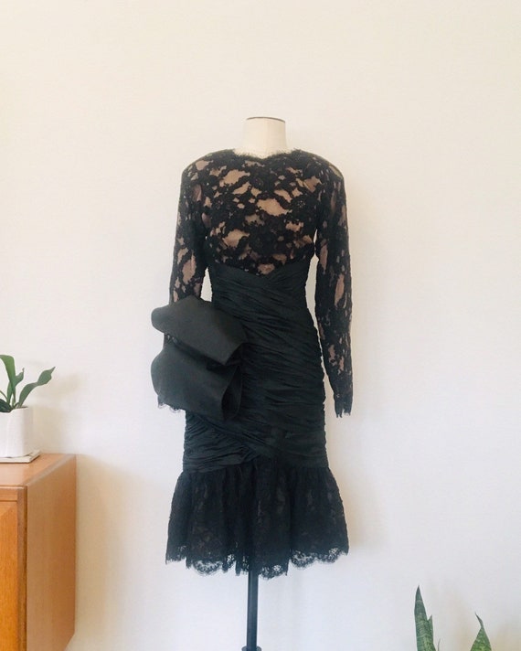 Rubin Panis Vintage Black Lace Formal Dress / 80s