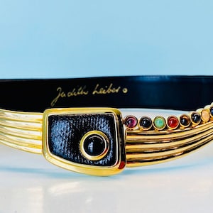 Judith Leiber Black Lizard Multi Stone Gold Plated Cabochon Buckle Adjustable Belt