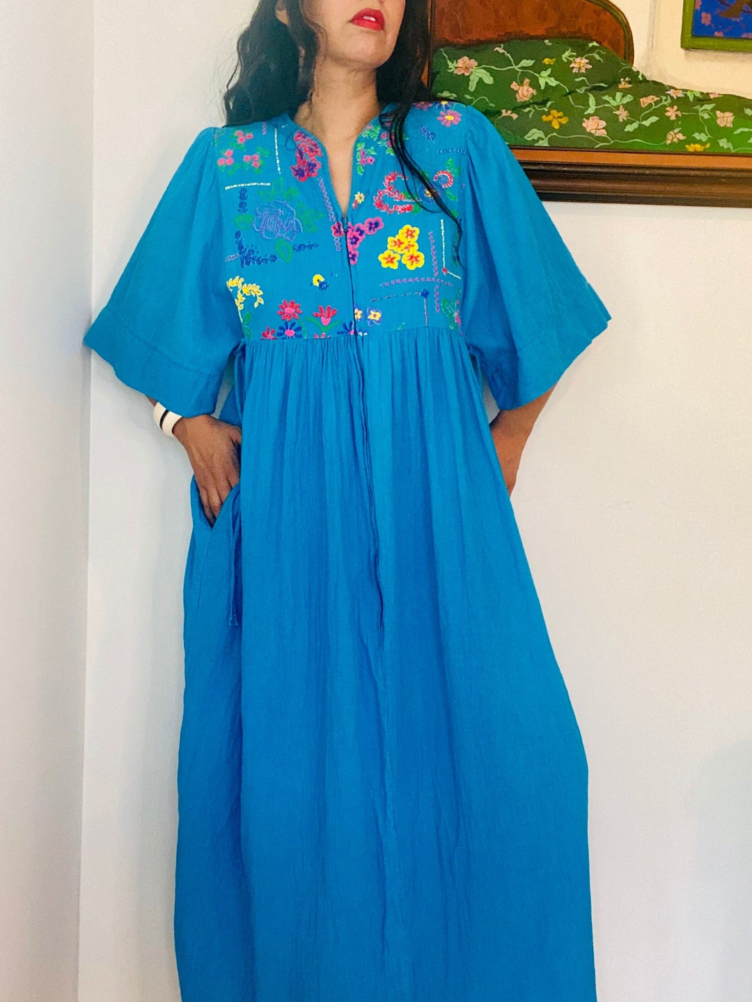 70s Lucie Ann Beverly Hills Blue Cotton Gauze Muumuu Caftan Patio Dress ...
