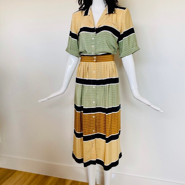 80s Liz Claiborne Multi Color Stripe Skirt Ensemble Set Front Button Midi Skirt Short Sleeve Top 30" waist