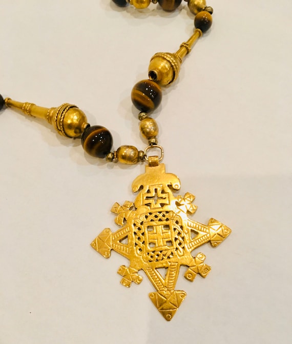 Rare Tiger Eye Brass Beaded Long Necklace / Long B