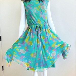 60s Mollie PARNIS Psychedelic Floral Silk Chiffon Full Skirt Sleeveless Dress