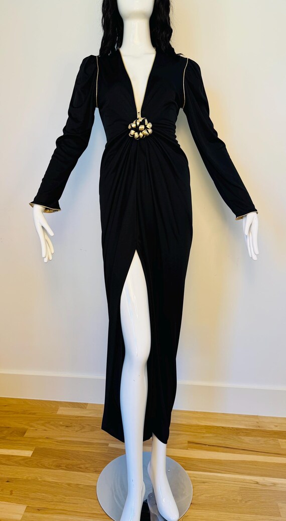 Disco Era Bill Tice Plunging Black and Gold Gown - image 8