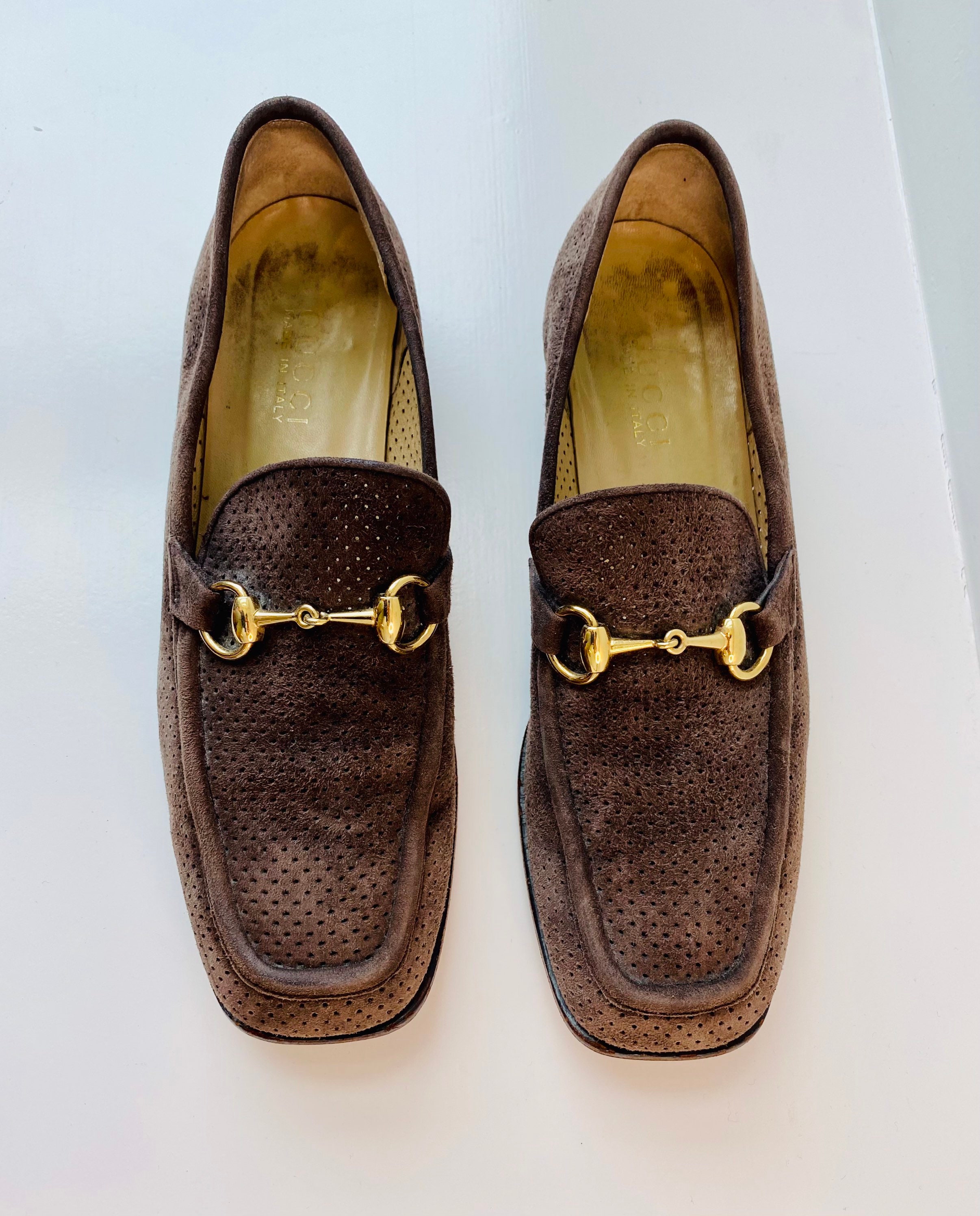 90s GUCCI Brown Suede Perforated Horsebit Loafer 9B -