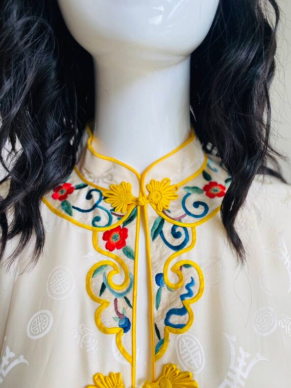 40s Rare Silk Cream and Yellow Chinoiserie Fancy … - image 7