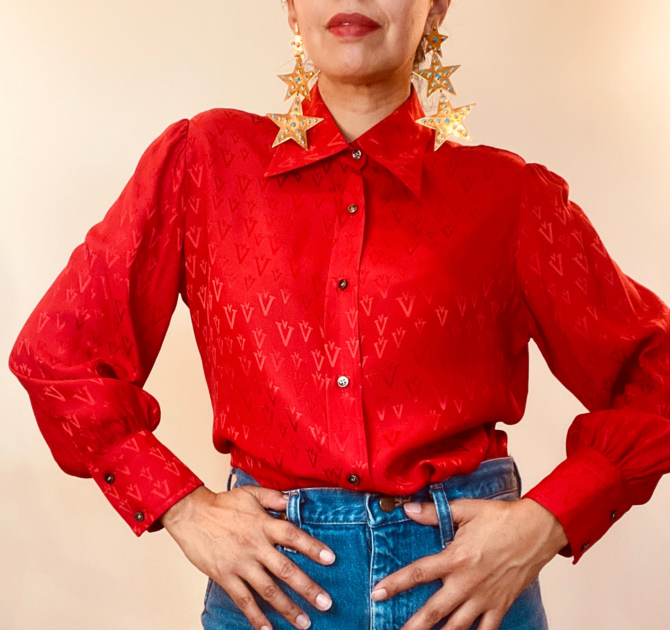 【メーカー直売】の商品をすべて 70s Valentino Red Silk Butterfly Collar Balloon Sleeves シャツ/ブラウス(長袖/七分)