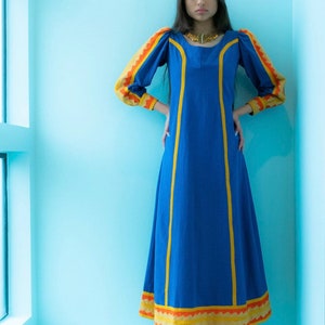 Small 70s Mexican Designer Josefa Blue Embroidered Cotton Kaftan Maxi Dress