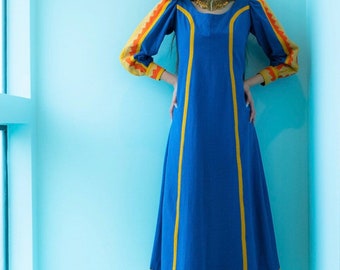 Small 70s Mexican Designer Josefa Blue Embroidered Cotton Kaftan Maxi Dress