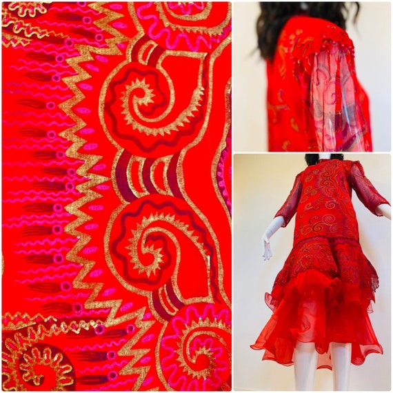 Vintage 80s Red Vibrant Zandra Rhodes Silk Tulle … - image 8