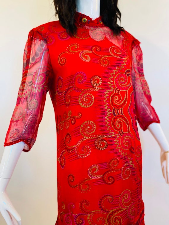 Vintage 80s Red Vibrant Zandra Rhodes Silk Tulle … - image 5