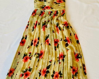 Vintage Bill Blass Silk Chiffon Floral Dress Strapless Boned Bodice Pleated Hibiscus Dress 26" Waist