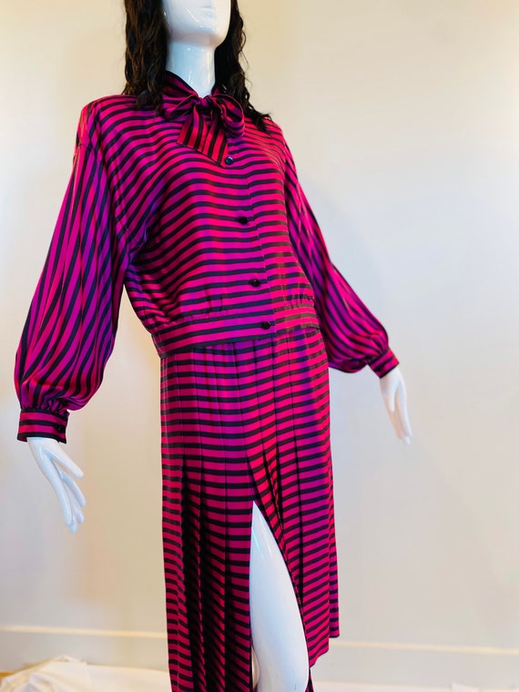 80s Magenta and Black Stripes Silk Pleated High S… - image 1