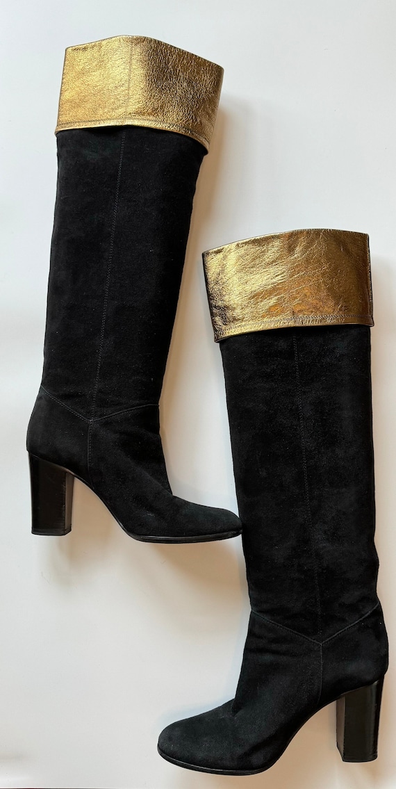 CHANEL Logo Knee High Black Suede and Leather Logo Boots 38.5 Etsy