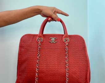 Up In Air CHANEL Leather Coral Red Perforated Convertible Tote
