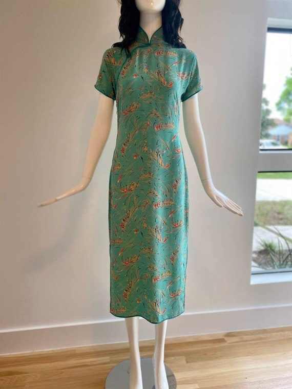 60s Silk Teal Green Graphic Chinoiserie Midi Dress