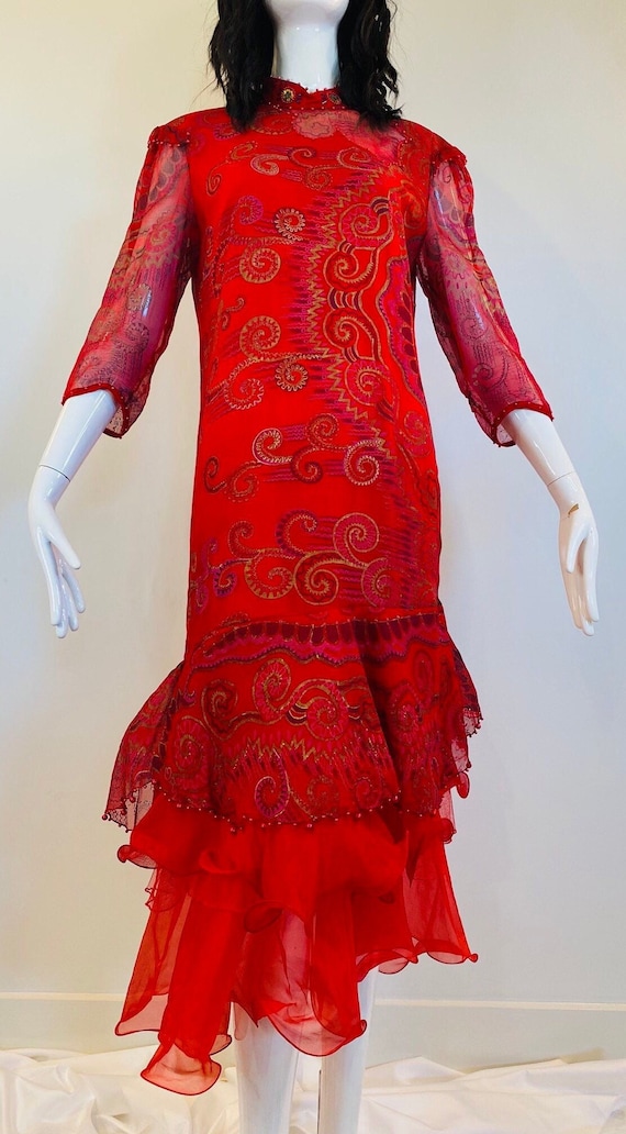 Vintage 80s Red Vibrant Zandra Rhodes Silk Tulle … - image 2