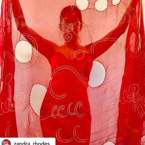 80s Zandra Rhodes Red &quot;Lady Head&quot; Print Punk Silk Shawl