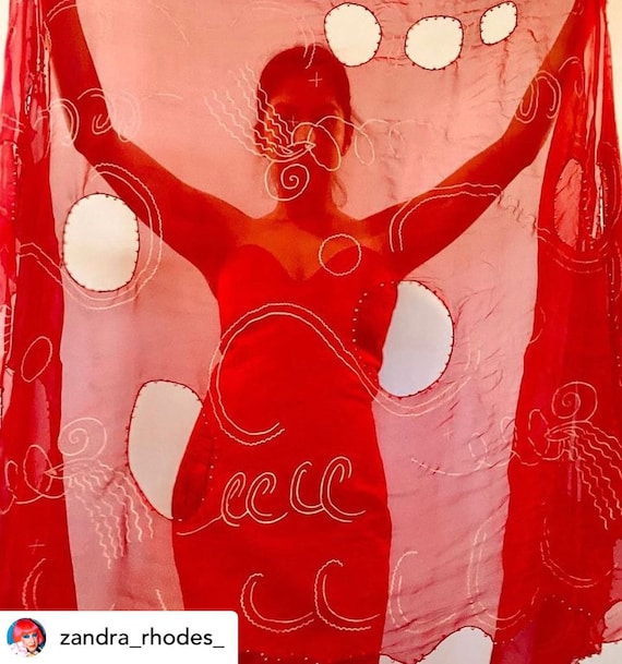 80s Zandra Rhodes Red "Lady Head" Print Punk Silk… - image 1
