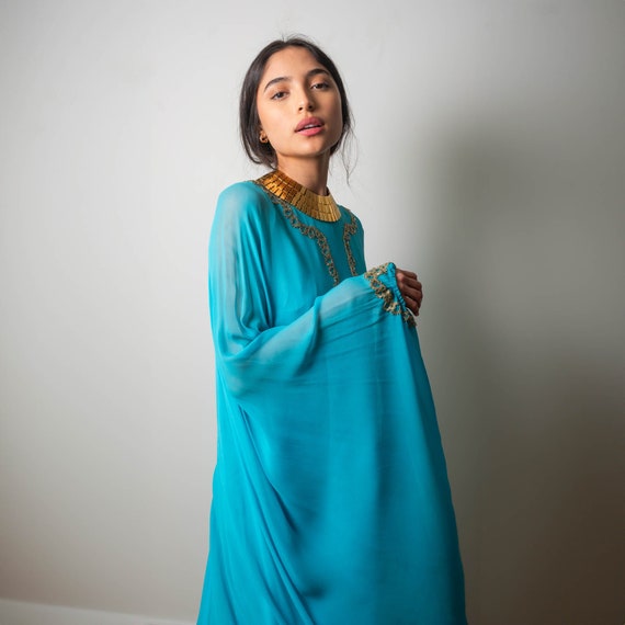 60s Georgie Keyloun Turquoise Blue Silk Chiffon E… - image 4