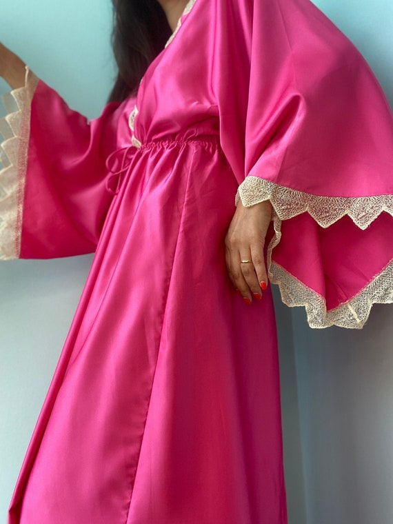 Zandra RHODES 70s Magenta Satin Lace Trimmed Maxi… - image 5