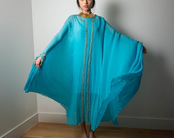 60s Georgie Keyloun Turquoise Blue Silk Chiffon Embellished Caftan Gown