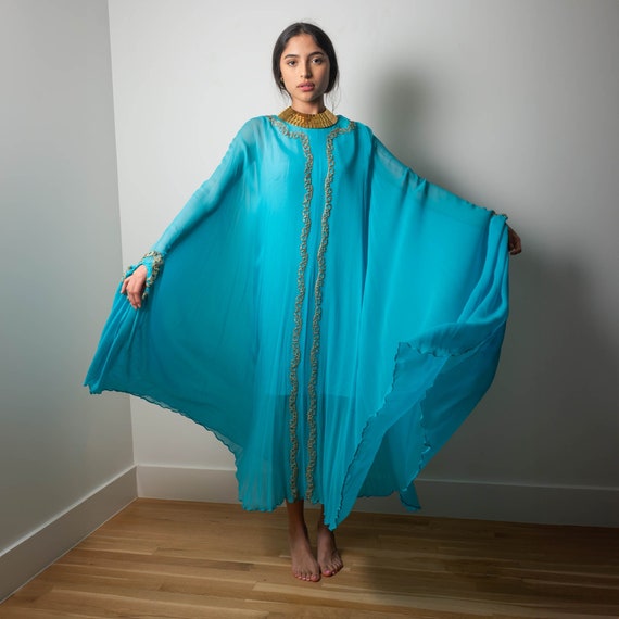 60s Georgie Keyloun Turquoise Blue Silk Chiffon E… - image 1