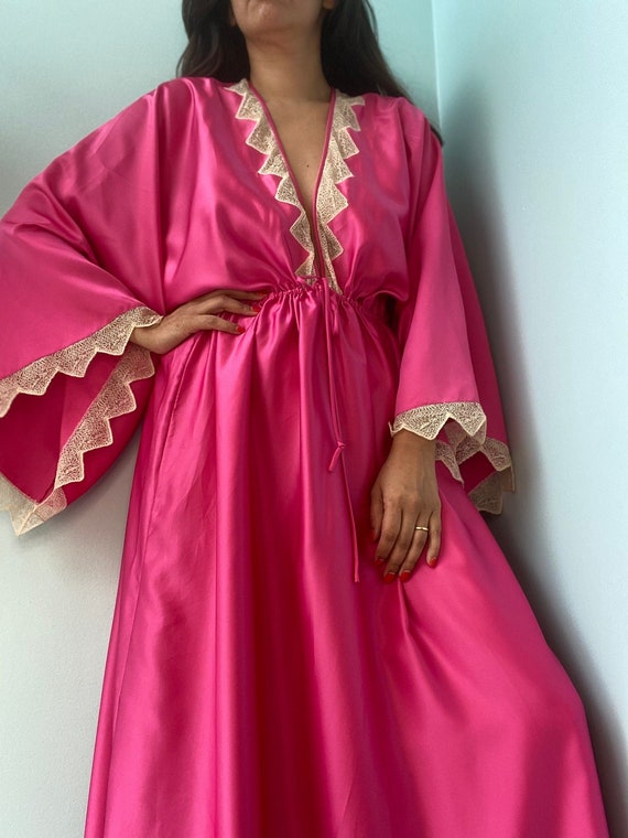 Zandra RHODES 70s Magenta Satin Lace Trimmed Maxi… - image 6