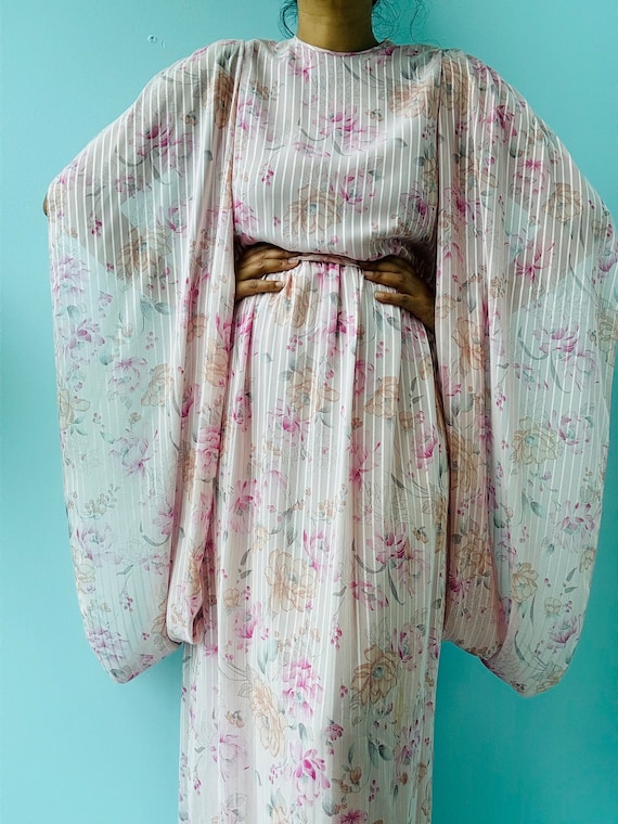 Vintage Hanae Mori Pink Rose Chiffon Maxi Dress: Kimono Sleeves