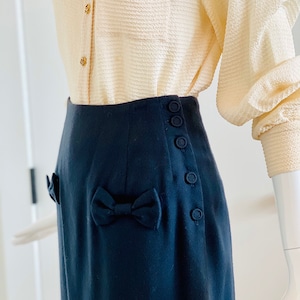80s does 40s Throwback Long Wool Dark Grey Straight Skirt with Bow detail and Box Pleat