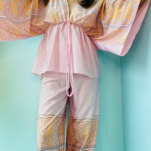 70s Zandra Rhodes Printed Kimono Sleeves Wide Leg Pant Set