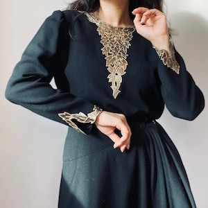 Vintage 80s Christian Dior Wool Crepe Gold Leather Detail Long Sleeve Top
