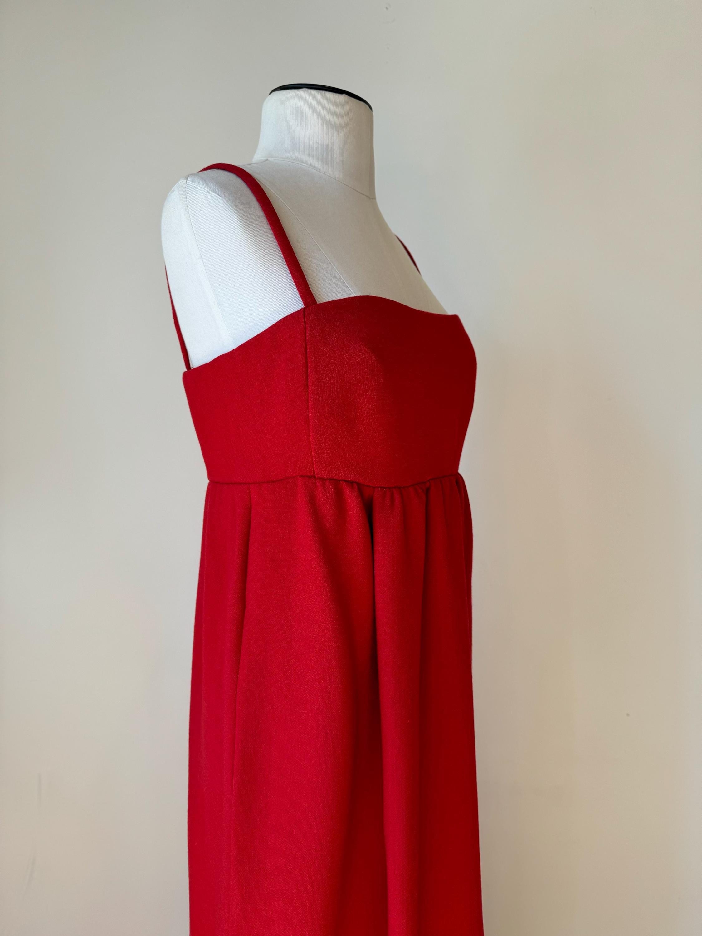 60S Galanos Red Empire Waist Pinafore Column Dress