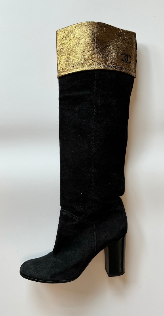 CHANEL Knee High Black Suede and Leather Logo Boot