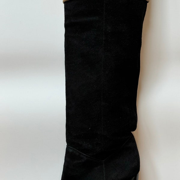 CHANEL Knee High Black Suede and Leather Logo Boots