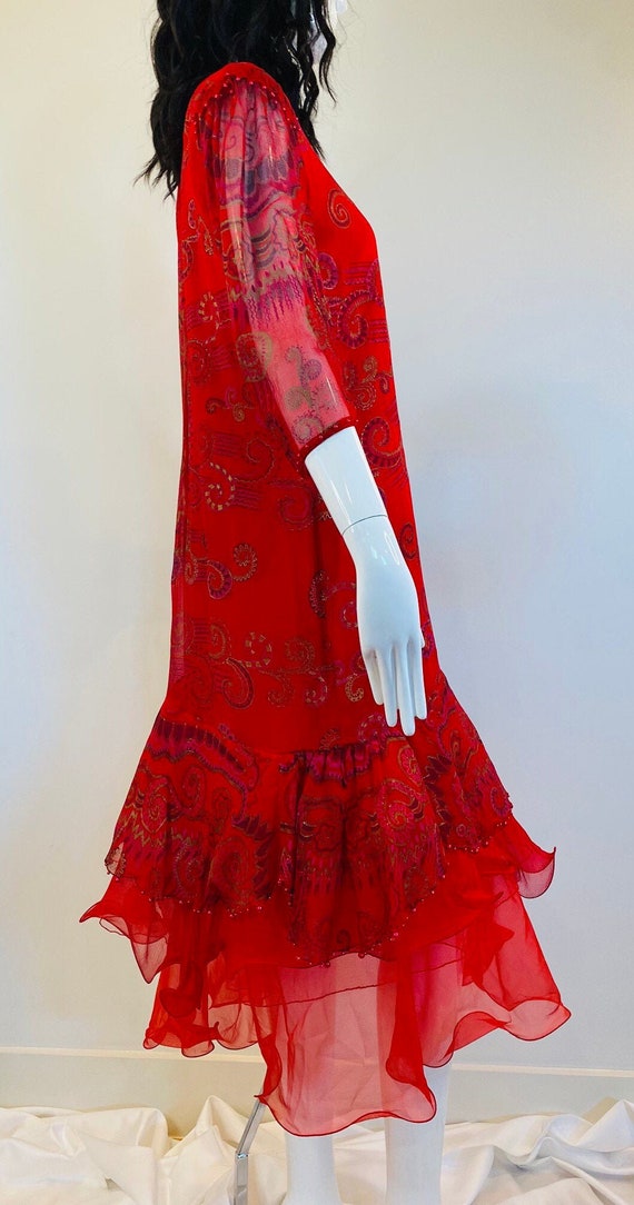 Vintage 80s Red Vibrant Zandra Rhodes Silk Tulle … - image 3